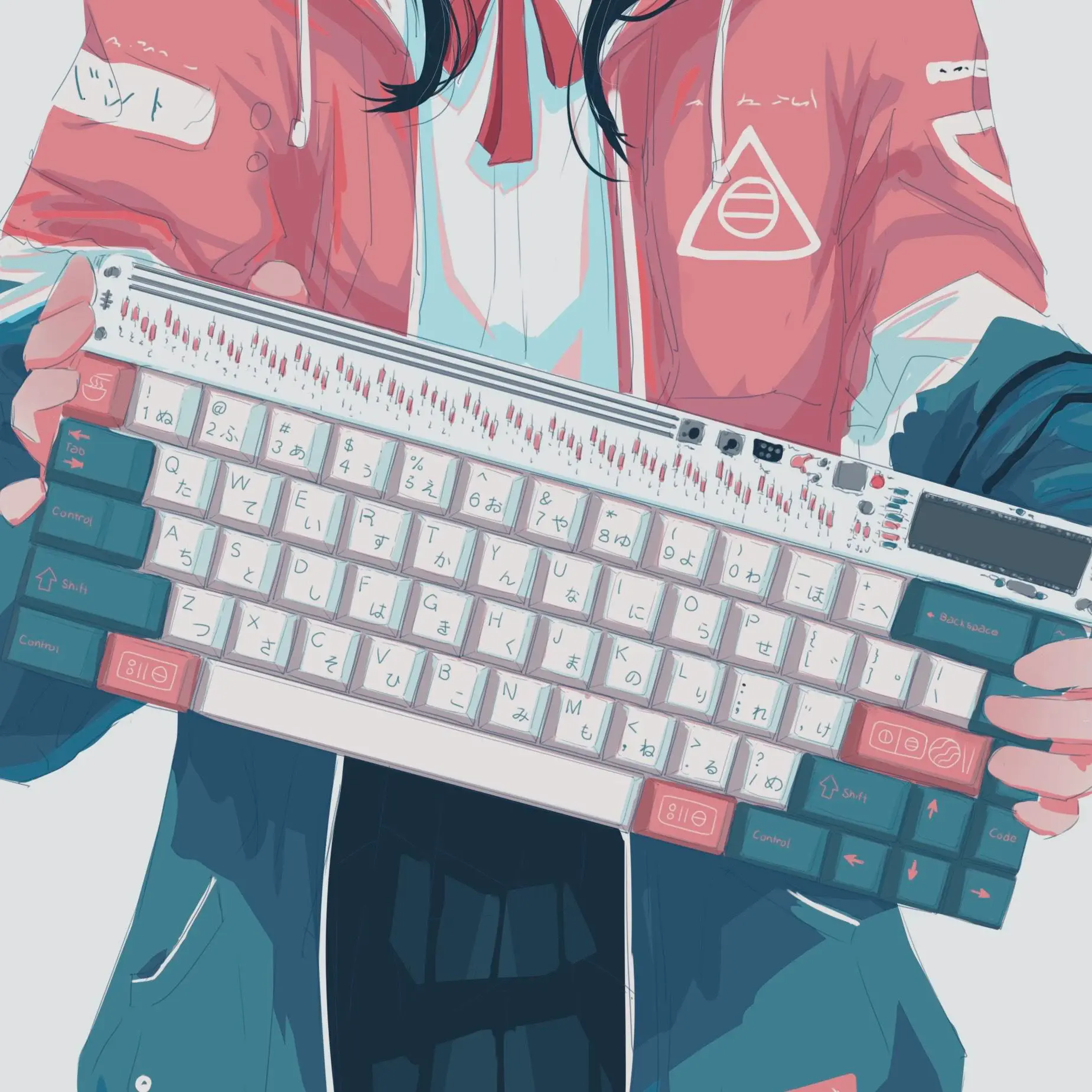 a drawing of a person holding a discipline keyboard with gmk bentō keycaps